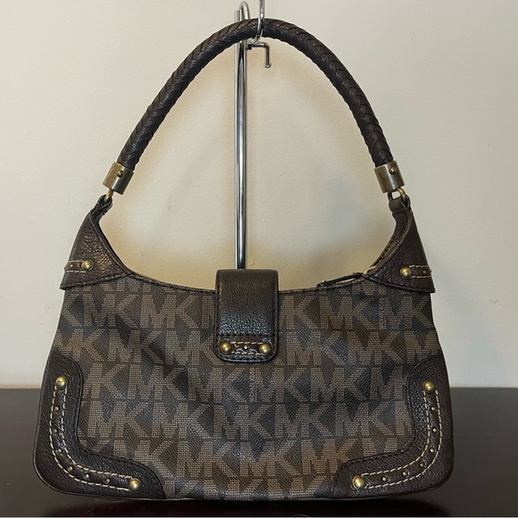 Michael Kors Studded Brown Signature Baguette Shoulder Bag with Woven Handles - Picture 3 of 15